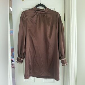 Sachin & Babi Brown Satin Dress with Pearl Cuffs